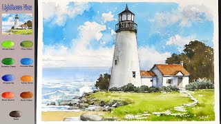 Basic Landscape Watercolor - Lighthouse View (sketch & color name, watercolor material) NAMIL ART
