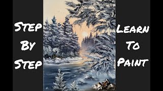 Step by Step Beginners Winter Landscape Bob Ross Style Oil Painting Tutorial by Josh Kirkham
