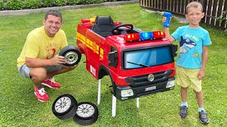 Surprise for Maks! Kids Opening Toy Fire Engine Truck with Dad
