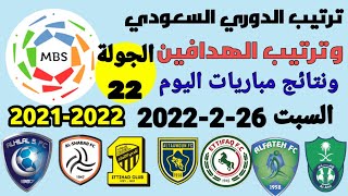 ترتيب الدوري السعودي وترتيب الهدافين ونتائج مباريات اليوم السبت 26-2-2022 من الجولة 22