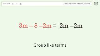 Linear equation with one unknown: Solve 3m-8=2m step-by-step solution