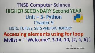 Accessing elements using for loop in python, Part 3, in tamil, Chapter 9, Unit 3, A.Jaya Mabel Rani