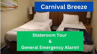 Carnival Breeze Stateroom Tour & General Emergency Alarm!