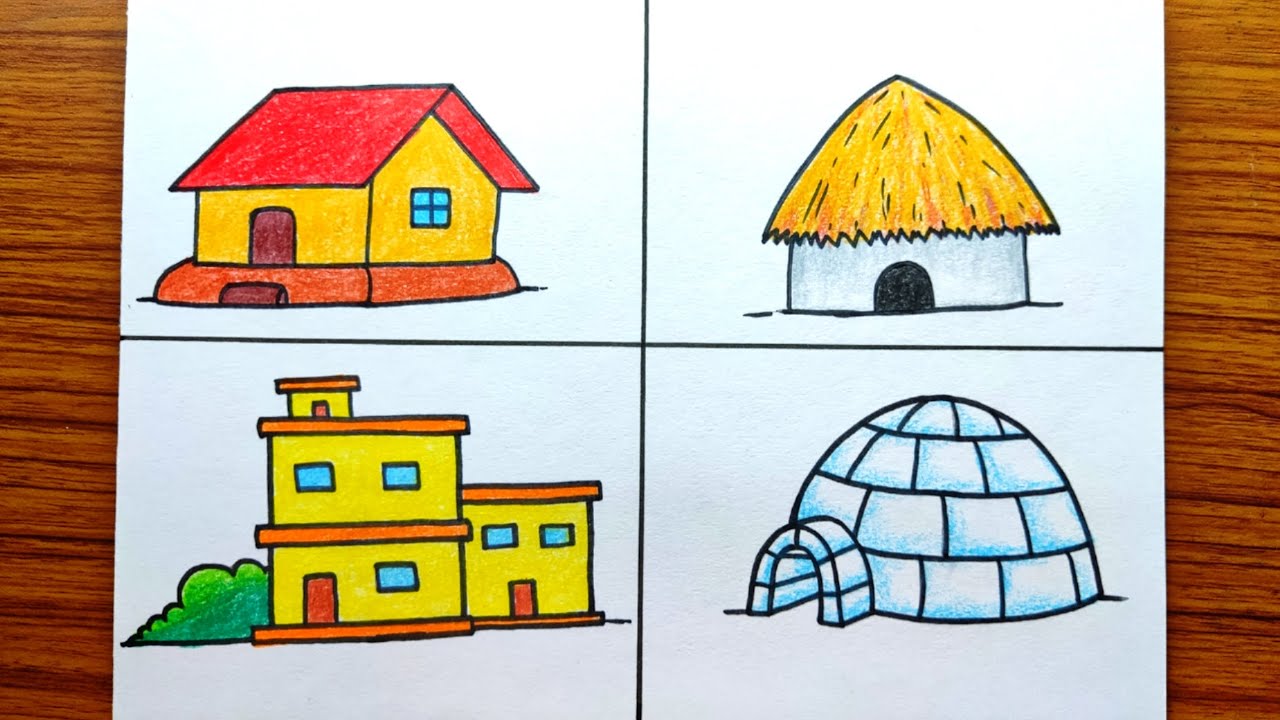 4 Different Types Of Houses Drawing Colour Easy | How To Draw Different ...