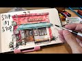 [Real-time]How I sketch a shopfront with ink and watercolor