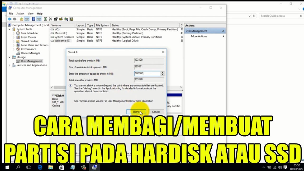 CARA MEMBAGI/MEMBUAT PARTISI PADA HARDISK ATAU SSD - YouTube