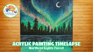 How I Painted Northern Lights Forest with Acrylic Paints 🌃🌟 || Timelapse Relaxing Art Video