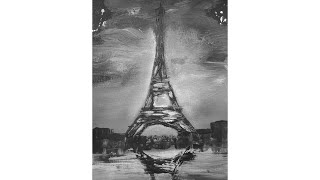 Relaxing Painting Demo - Paris Eiffel Tower At Night - Beginner - Black & White - ASMR -Cityscape 1