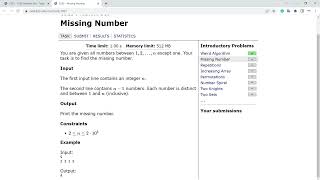 2. Solution for the problem Missing Number from CSES problem set