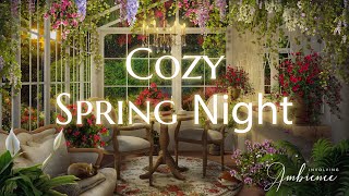 Cozy Spring Night in Orangery ASMR Ambience 🌿 Rain & Distant Thunder, Crickets & Quiet Fire, Books