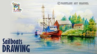How to draw Seascape Sailboats  Drawing and Shading with Color Pencils For Beginners Step by Step