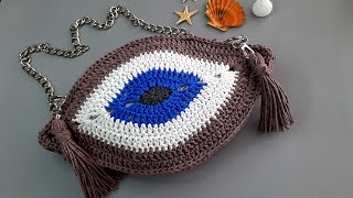 crocheted evil eye beaded arm bag detailed construction #knitted bag models