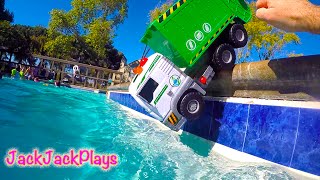 Kid’s Garbage Truck Toys at the Pool! | Recycling and Swimming Water Pretend Play | JackJackPlays