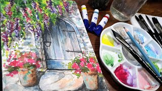 Very Easy Garden Door Real-Time Watercolor Painting Tutorial for Beginners
