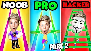 Can We Go NOOB vs PRO vs HACKER In ROOF RAILS!? PART 2 (MAX LEVEL!) Prezley