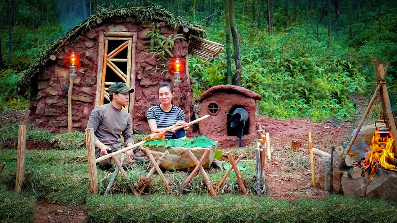 Build Bushcraft Camp Survival Shelter Building Stone House From