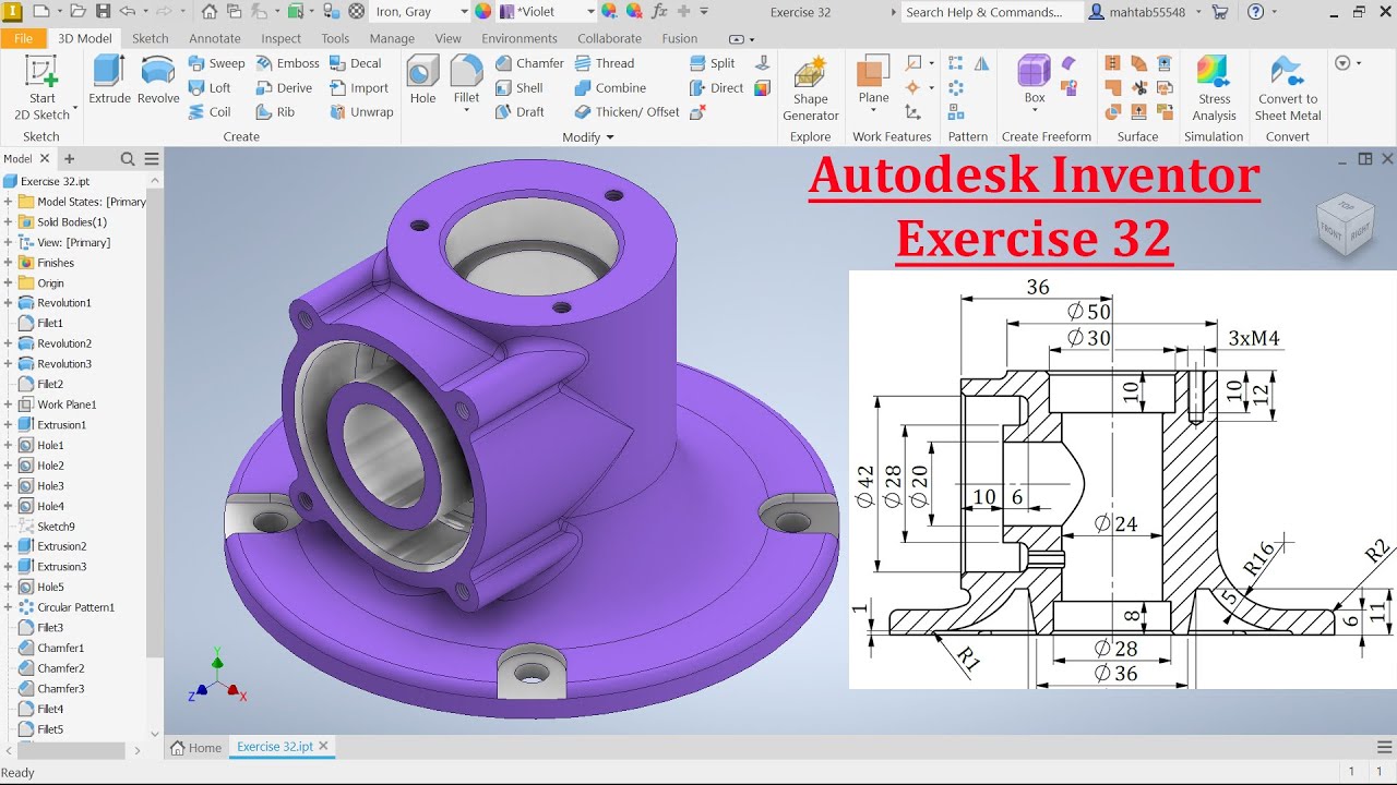 Autodesk Inventor 2025 Tutorial Exercise 32 Youtube