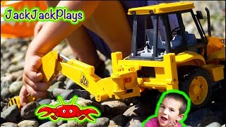 Construction Trucks for Kids: Backhoe Toys, Family Beach Playtime Finding Crabs