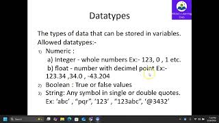 Intro to python | comments |variables | Datatypes | PART2