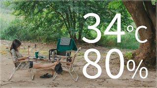 Temperature, 34 degrees, humidity, 80 percent. Helping people to camping in the heat..