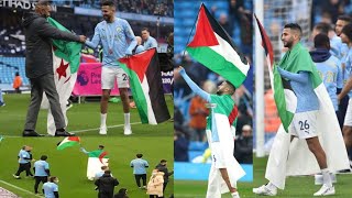 Riyad Mahrez today saw the raising of the Algerian flag and the Palestinian flag with two flags