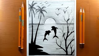 Come disegnare uno scenario di delfini in spiaggia - Disegno di paesaggi al tramonto con  a matita