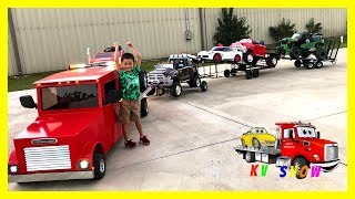 Mini Rollback Pulling The 2 Car Trailer, Gooseneck Trailer, And Powered Ride On Grave Digger