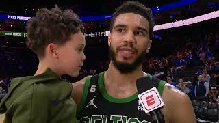 Jayson Tatum reacts to Celtics stealing Game 3, spoiling Joel Embiid's MVP night 🍀