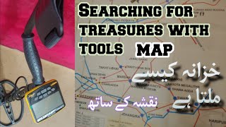 treasure planning with map. discovery with tools.