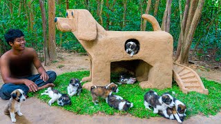 Build Mud Dog House For a Month Old Rescued Puppies In Dog Style