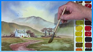 HOW TO PAINT A FARM SCENE IN WATERCOLOR, WET IN WET SKY,MISTY MOUNTAINS