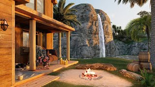 Cozy Porch by the Waterfall in Summer Ambience with Campfire, Birdsong and Relaxing Water Sounds
