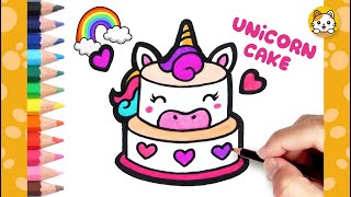 How to draw Unicorn Cake Easy | Step by Step Drawing & Coloring | Kawaii Cake Drawing