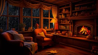 Enjoying Warm Ambience with Heavy Rain Sounds on Window & Crackling Fireplace For A Good Night