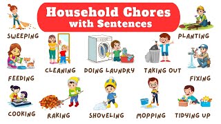 Household Chores Verbs with Sentences | English Action Verbs Vocabulary with Present Continues Tense