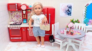 Our Generation doll organizes food in fridge after grocery shopping - Play Dolls!