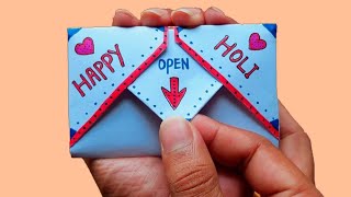 DIY - SURPRISE MESSAGE CARD FOR HOLI SPECIAL |Pull Tab Origami Envelope Card | Holi greeting card