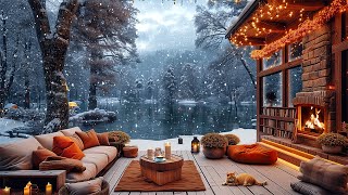 Lakeside Porch Ambience ☕ Winter Morning with Smooth Jazz Music & Fireplace Sounds to Relax, Study