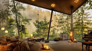🌤️ Early Morning Bedroom in Forest with  Slow Piano Jazz Music ☕ - Relaxing Jazz