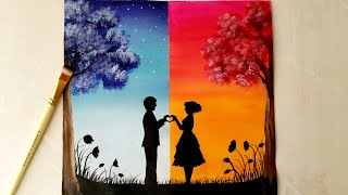 Easy Acrylic Painting for beginners |A Romantic Couple on Day & Night Scenery Painting for beginners