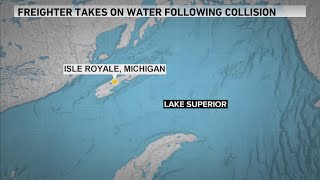 Freighter ship in Lake Superior taking on water after colliding with something underwater, Coast Gua