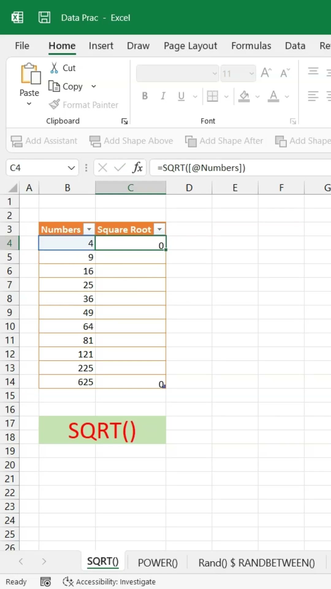 Функция КОРЕНЬ() в Excel #excel #анализ данных #exceltutorial