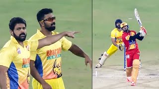 Chennai Rhinos Player Shaam Frustrated With Massive SIX By Telugu Warrior Batsman Sudheer Babu