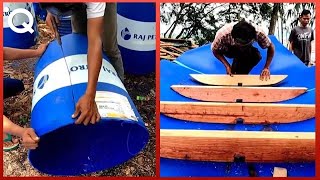 Building a Boat with Plastic Barrels and Wood in the Jungle | by @praboefishing