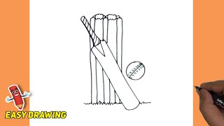 How To Draw Cricket Bat Ball and Stumps Step by Step | Cricket Bat Ball and Stump Easy Line Drawings