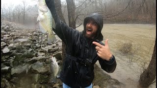 This is CRAZY! Catching TWO CRAPPIE on ONE CAST in the POURING Rain! (Worth It!)