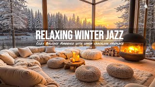 4K Fireplace Evening Jazz | Warm Balcony by the Lake with Soothing Jazz and Snowy Vibes