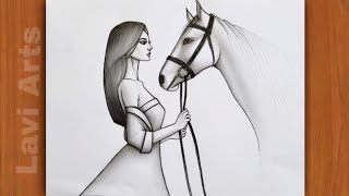 How to draw girl with horse Pencil drawing | Horse drawing Easy | Girl drawing | Pencil Sketch