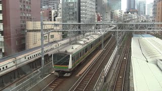 秋葉原駅ホーム及びコンコースから平日朝のJR東日本の新幹線各種と上野東京ライン（字幕入り）