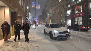 The First Snowfall of 2025 |  Friday Night Walk on Yonge Street and Yorkville Village Toronto 4K